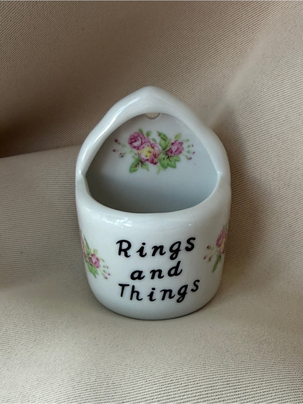 Porcelain "Rings and Things" Trinket Holder with Pink Floral Motif.